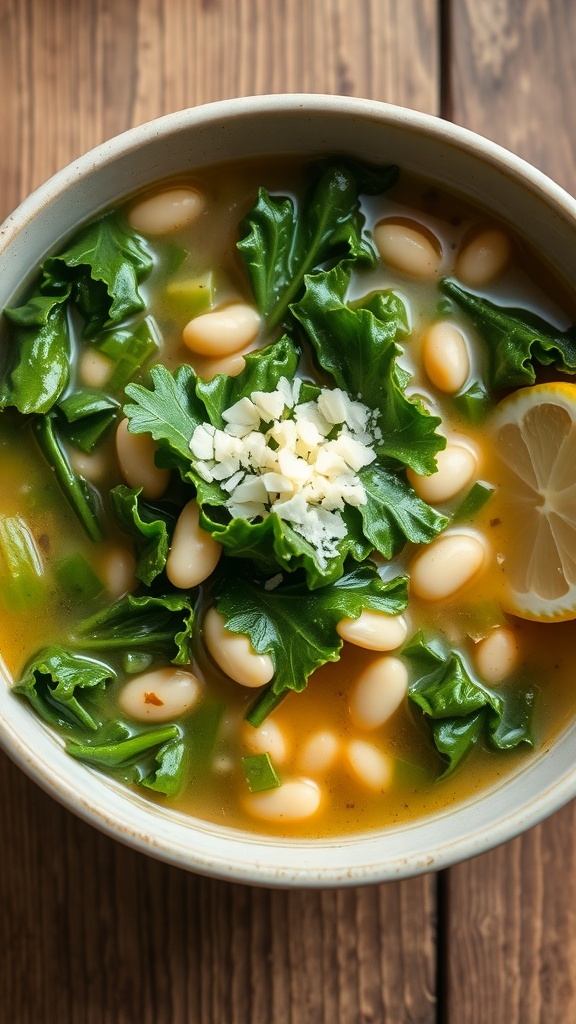 A bowl of kale and white bean soup with green kale, white beans, and Parmesan cheese on a rustic table.